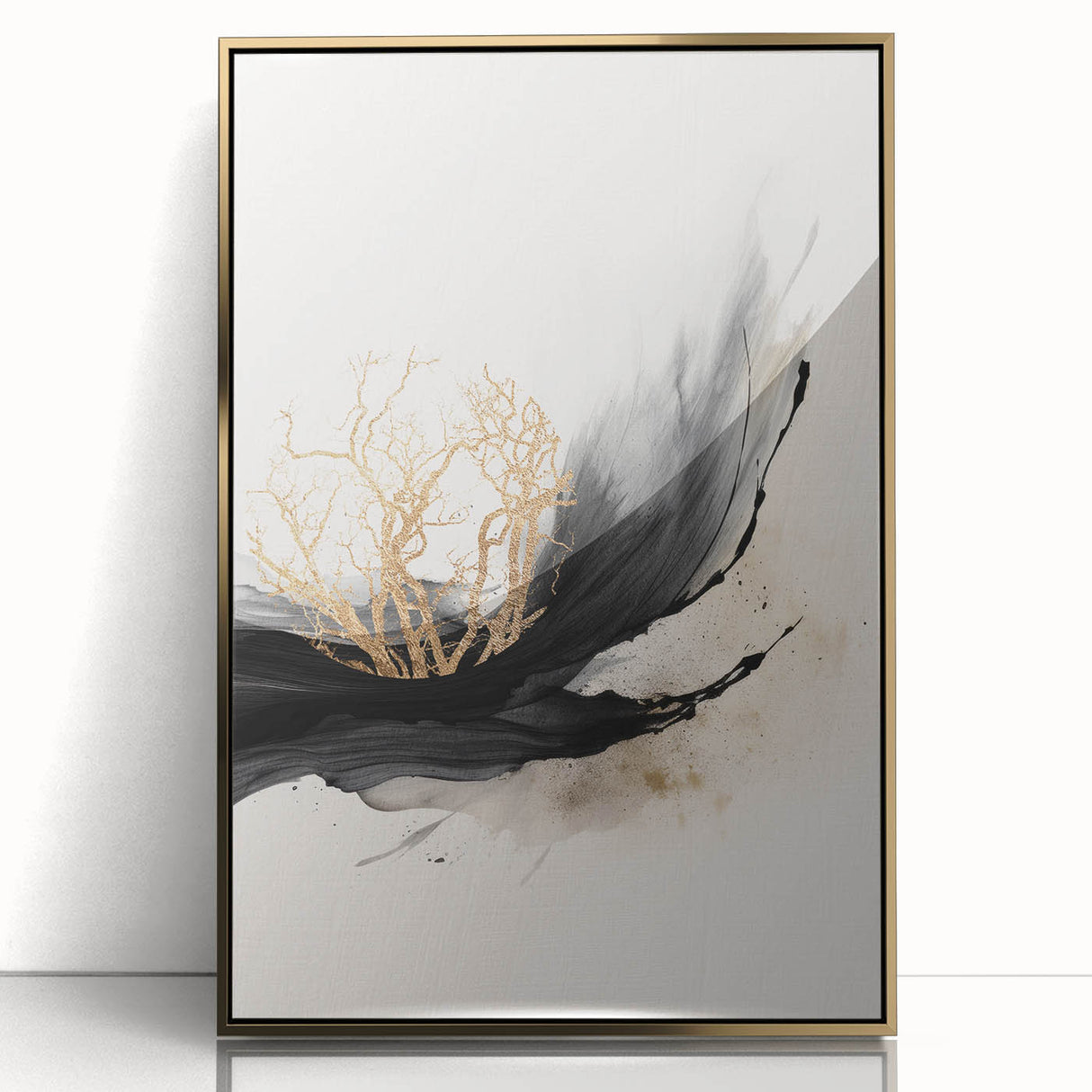 Framed modern abstract wall art featuring a gold acrylic design, showcasing geometric patterns and a sleek front view, ideal for contemporary decor.