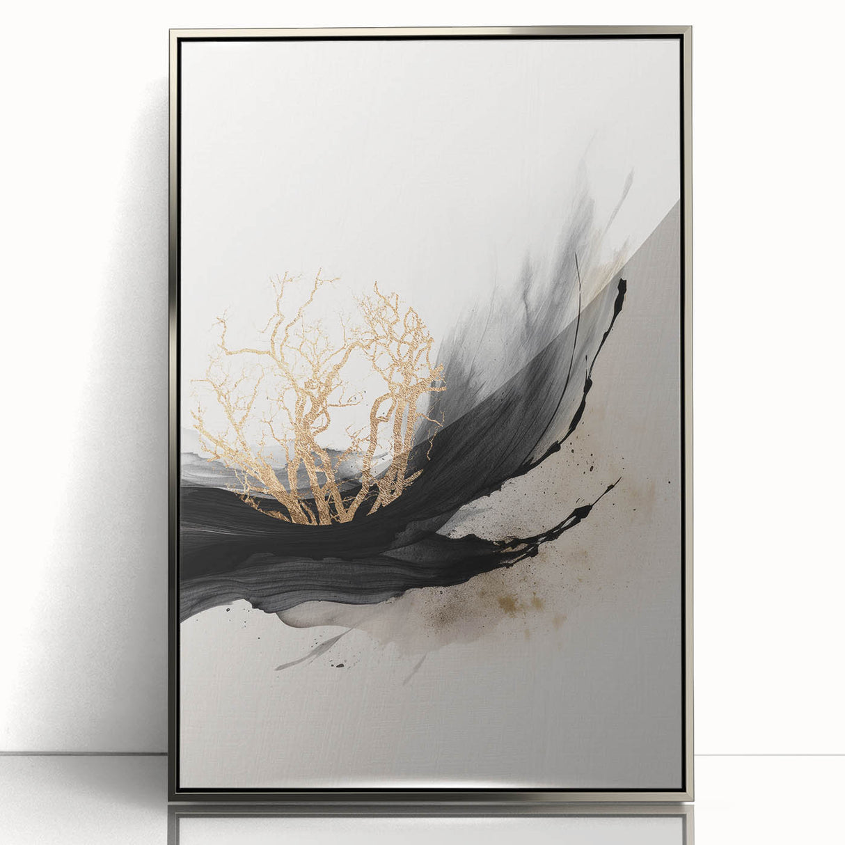 Framed acrylic wall art in a modern abstract design, featuring silver accents. The piece showcases dynamic shapes and colors, perfect for contemporary decor.
