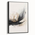 Framed abstract modern wall art featuring a striking black design, showcased from a side view, ideal for contemporary home decor and artistic spaces.