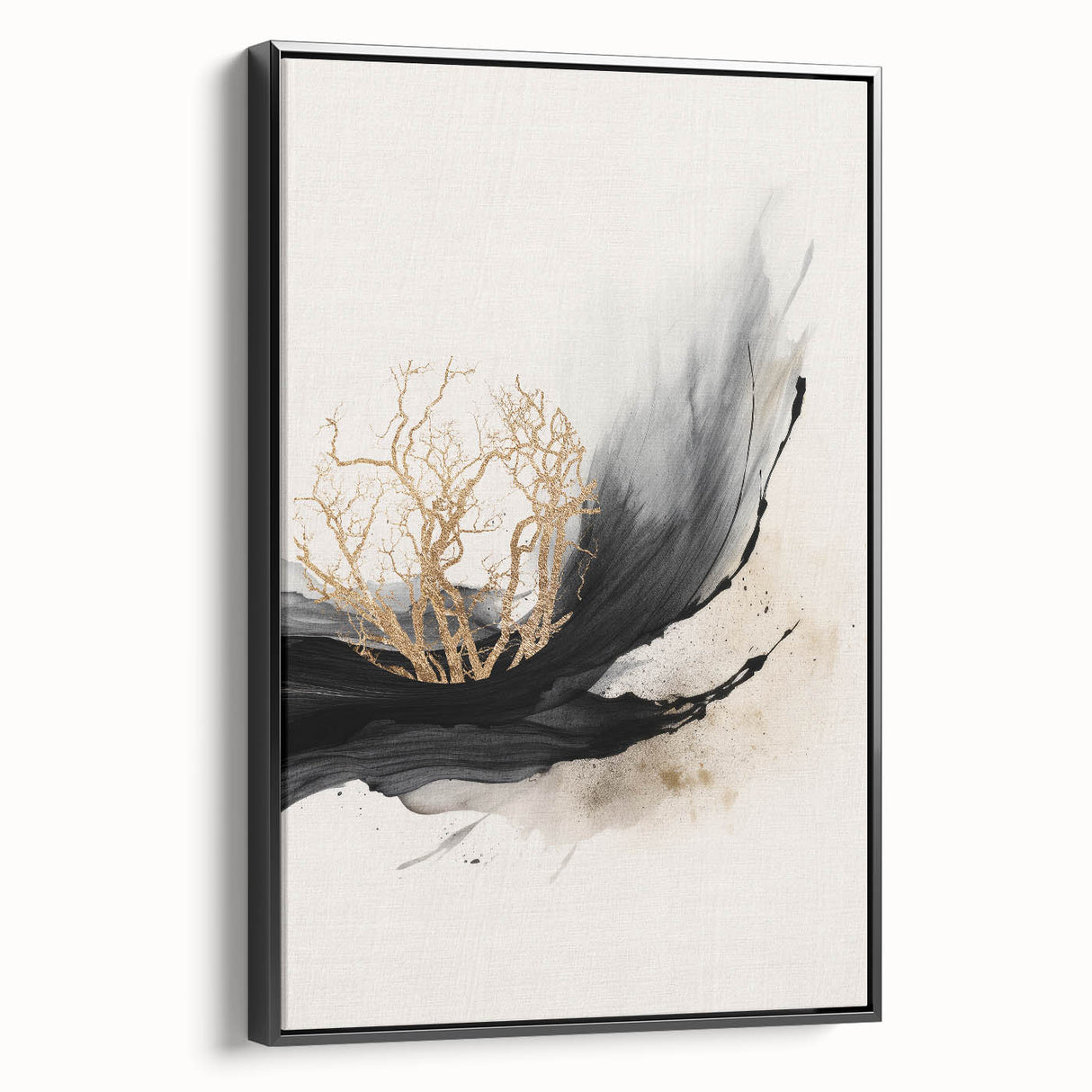 Framed abstract modern wall art featuring a striking black design, showcased from a side view, ideal for contemporary home decor and artistic spaces.