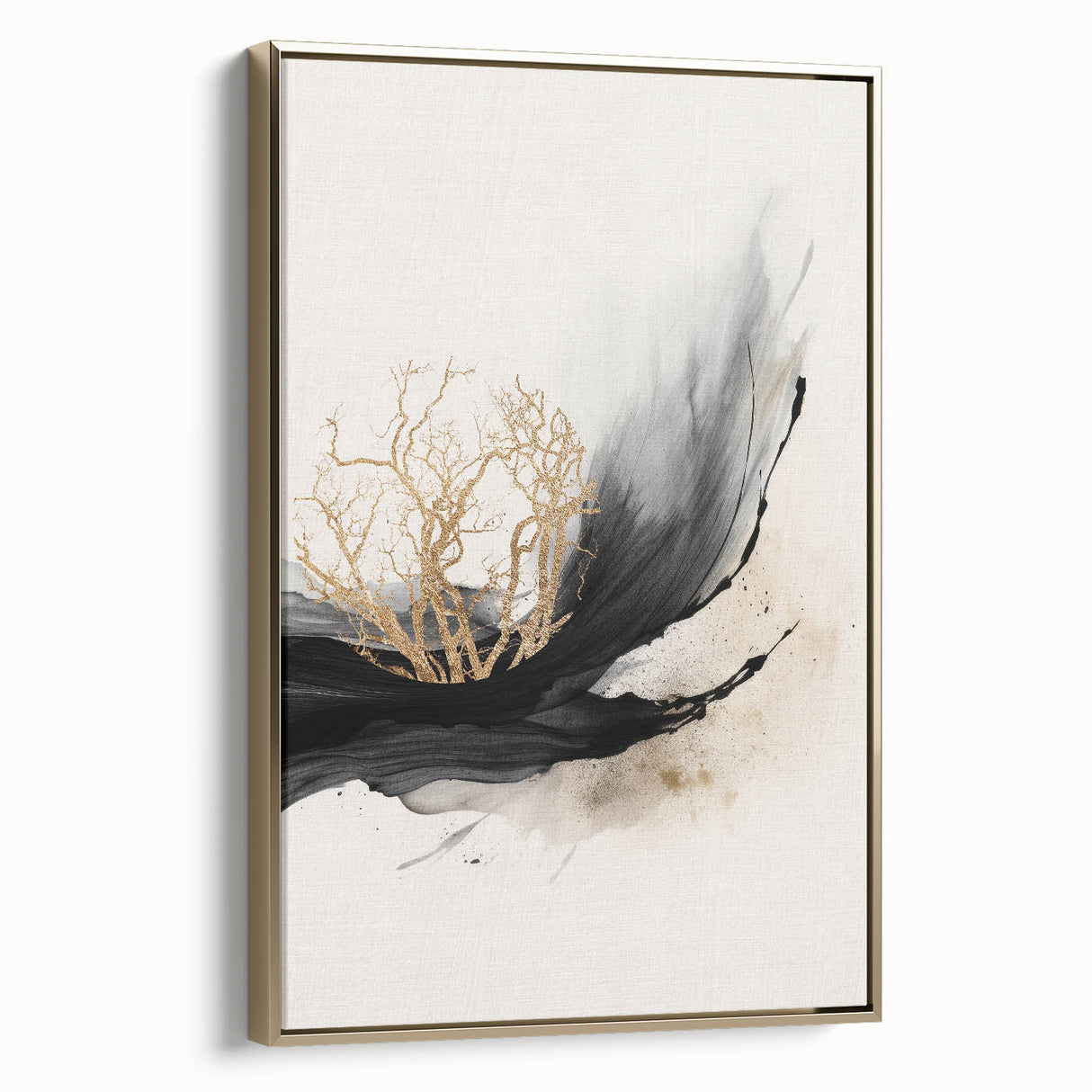 Framed abstract modern wall art in gold tones, showcasing a contemporary design with geometric shapes, ideal for enhancing home decor in living spaces.
