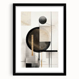Black-framed wall art featuring an abstract modern design with geometric shapes and vibrant colors, creating a contemporary focal point for home decor.