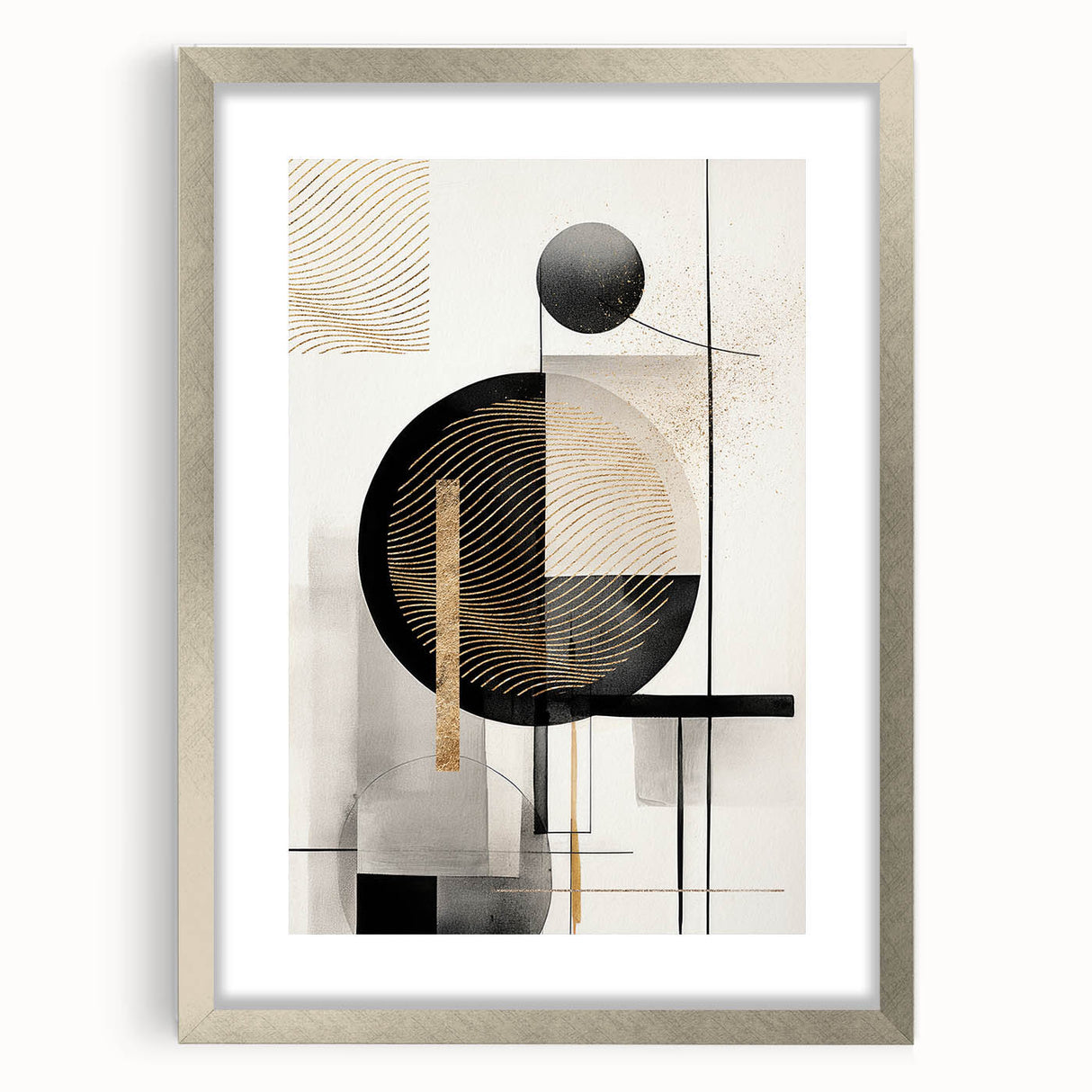 Abstract modern wall art design featuring a silver-framed canvas print with a mat, showcasing vibrant colors and geometric patterns, ideal for contemporary home decor.