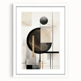 Abstract modern wall art design featuring a sleek white frame and mat, showcasing vibrant geometric patterns in a contemporary setting, perfect for home decor.