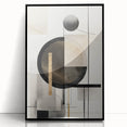Framed wall art featuring an abstract modern design in vibrant colors, showcasing geometric shapes and lines, perfect for contemporary home decor.