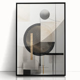 Framed wall art featuring an abstract modern design in vibrant colors, showcasing geometric shapes and lines, perfect for contemporary home decor.