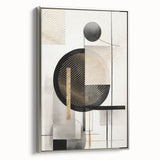 Framed canvas wall art featuring a modern abstract design with silver accents, showcasing a dynamic interplay of shapes and colors, perfect for contemporary decor.