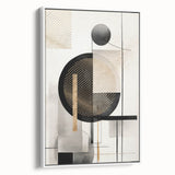 Framed canvas featuring an abstract modern design with vibrant colors, displayed in a white frame against a neutral backdrop, perfect for contemporary home decor.