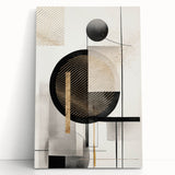Abstract modern wall art collection featuring vibrant colors and geometric shapes on a stretched canvas, elegantly leaning against a neutral backdrop. Ideal for contemporary home decor.