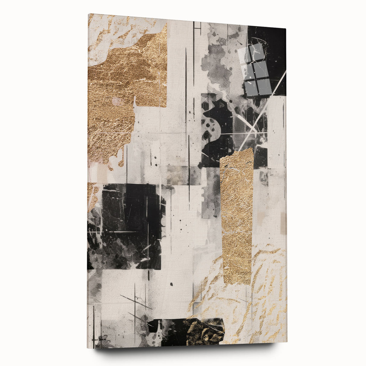 Abstract modern wall art collection displayed in a side view, showcasing vibrant colors and geometric shapes on acrylic glass, perfect for contemporary decor.