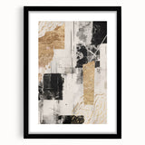 Abstract modern wall art piece showcasing a black-framed design with a mat, featuring geometric shapes in vibrant colors. Ideal for contemporary home decor.