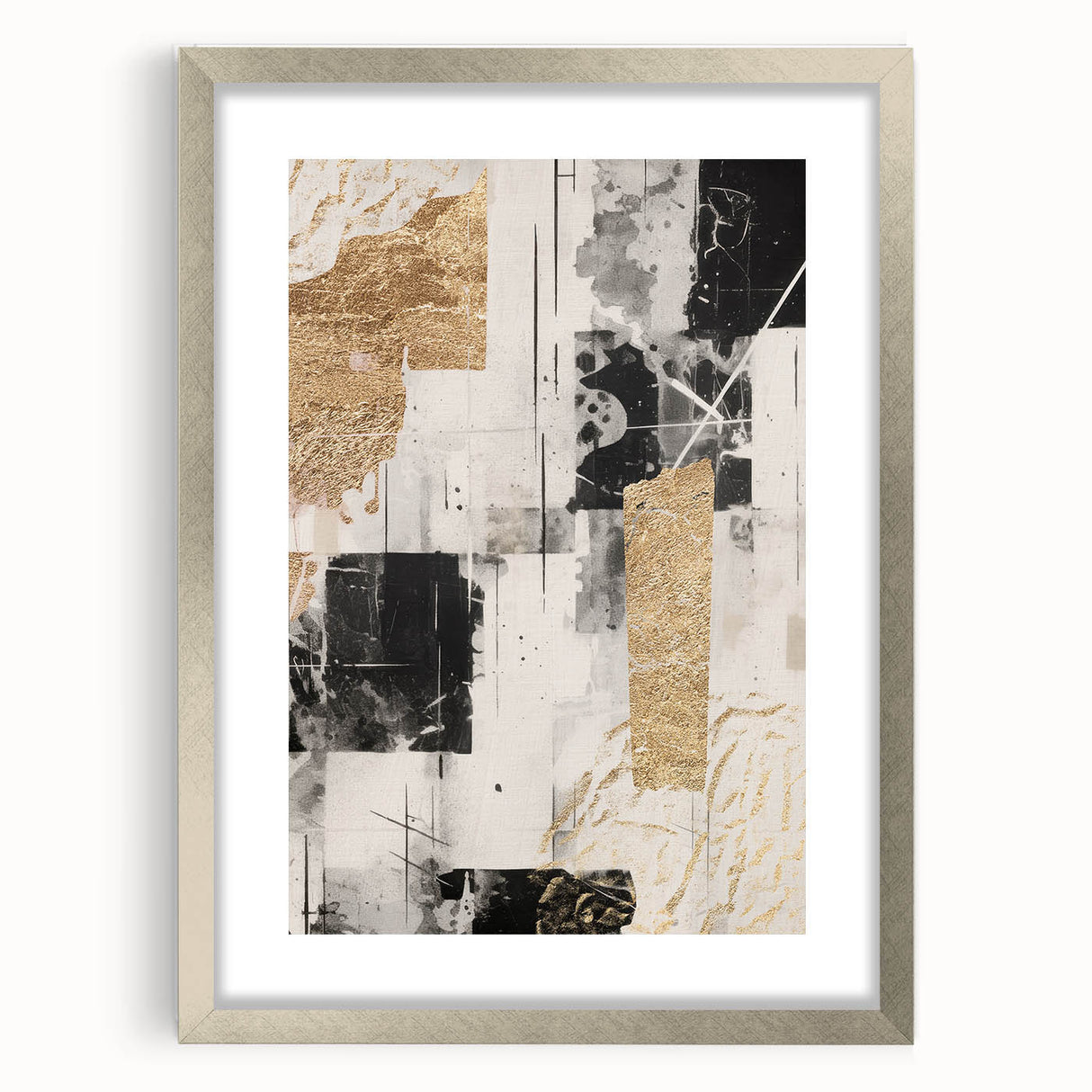 Abstract modern wall art design featuring a sleek silver frame with a mat, showcasing vibrant colors and geometric patterns, perfect for contemporary home decor.