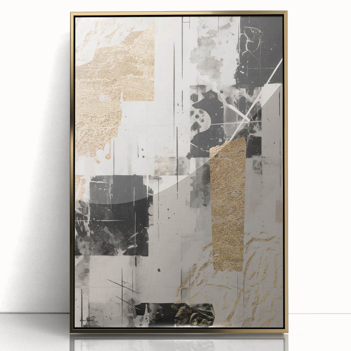 Framed modern abstract wall art collection showcasing a gold-acrylic finish, perfect for contemporary decor, displayed against a neutral background. Unique geometric patterns enhance visual appeal.