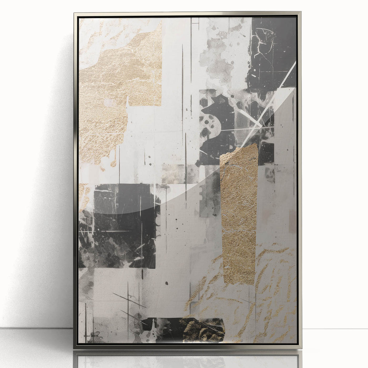 Framed wall art piece showcasing an abstract modern design with silver accents, ideal for contemporary decor, enhancing any living space or office.