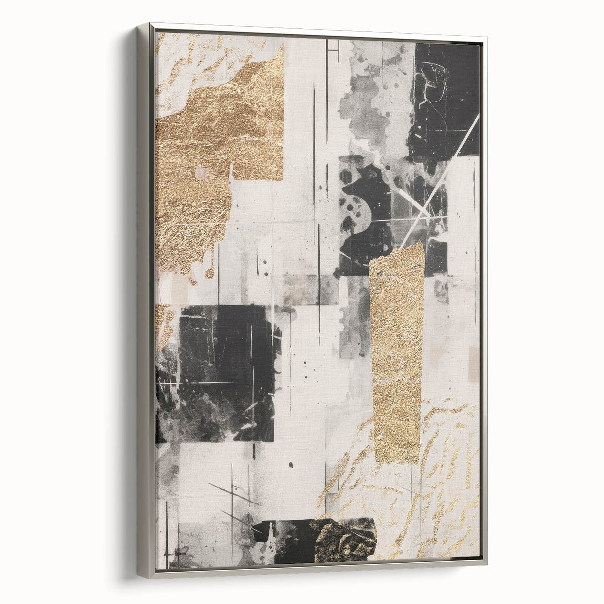 Framed wall art piece showcasing an abstract modern design with silver accents, perfect for contemporary decor. The canvas is elegantly displayed in a sleek frame, enhancing any room's aesthetic appeal.