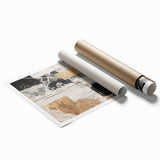 Abstract modern wall art print showcasing vibrant colors and geometric shapes, ideal for home decor, elegantly rolled for easy display and shipping.