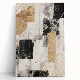 Abstract modern wall art collection featuring vibrant colors and geometric shapes on a stretched canvas, leaning against a neutral wall for contemporary decor.
