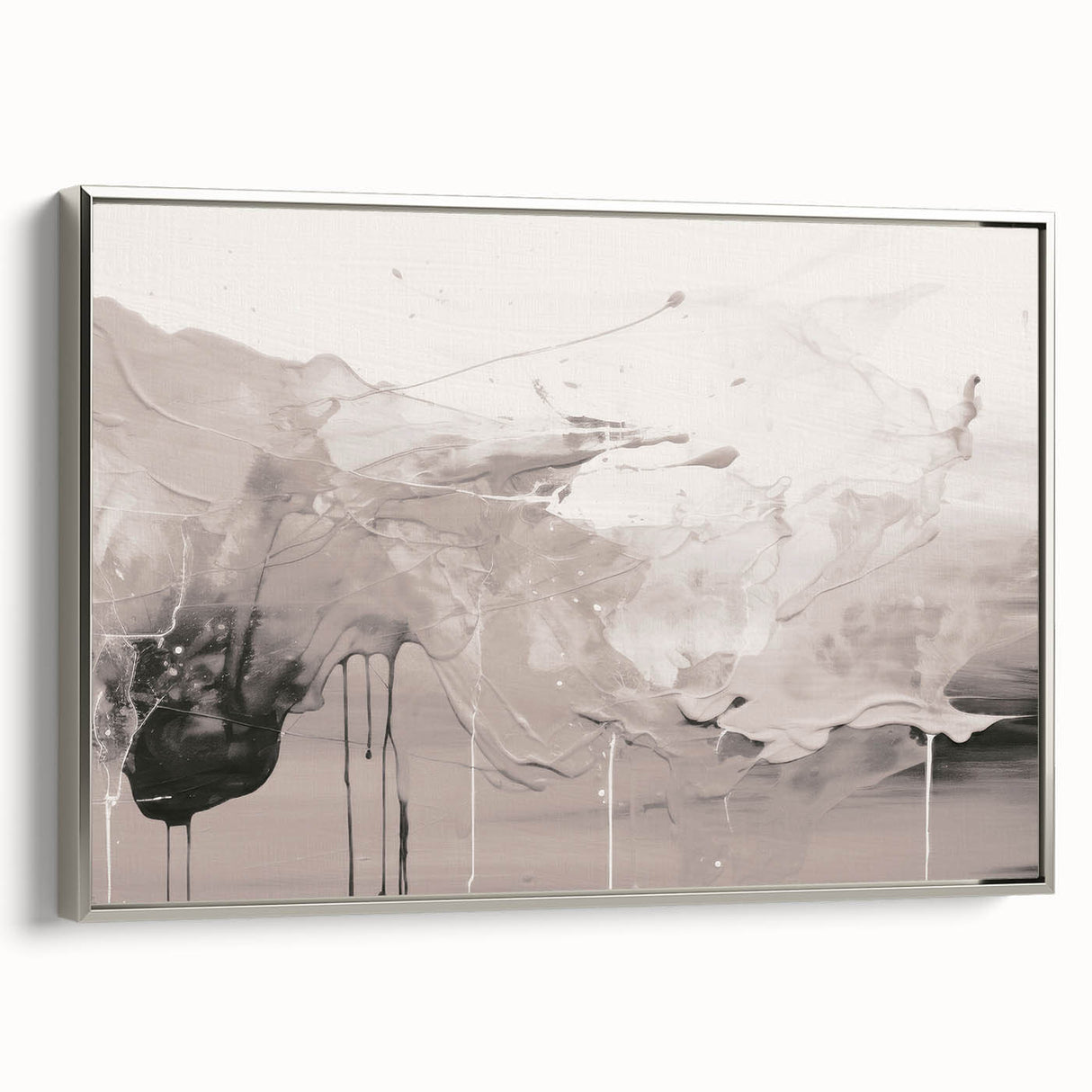 Framed abstract modern design wall art collection showcasing dynamic shapes and silver accents, displayed in a contemporary setting, perfect for stylish home decor.