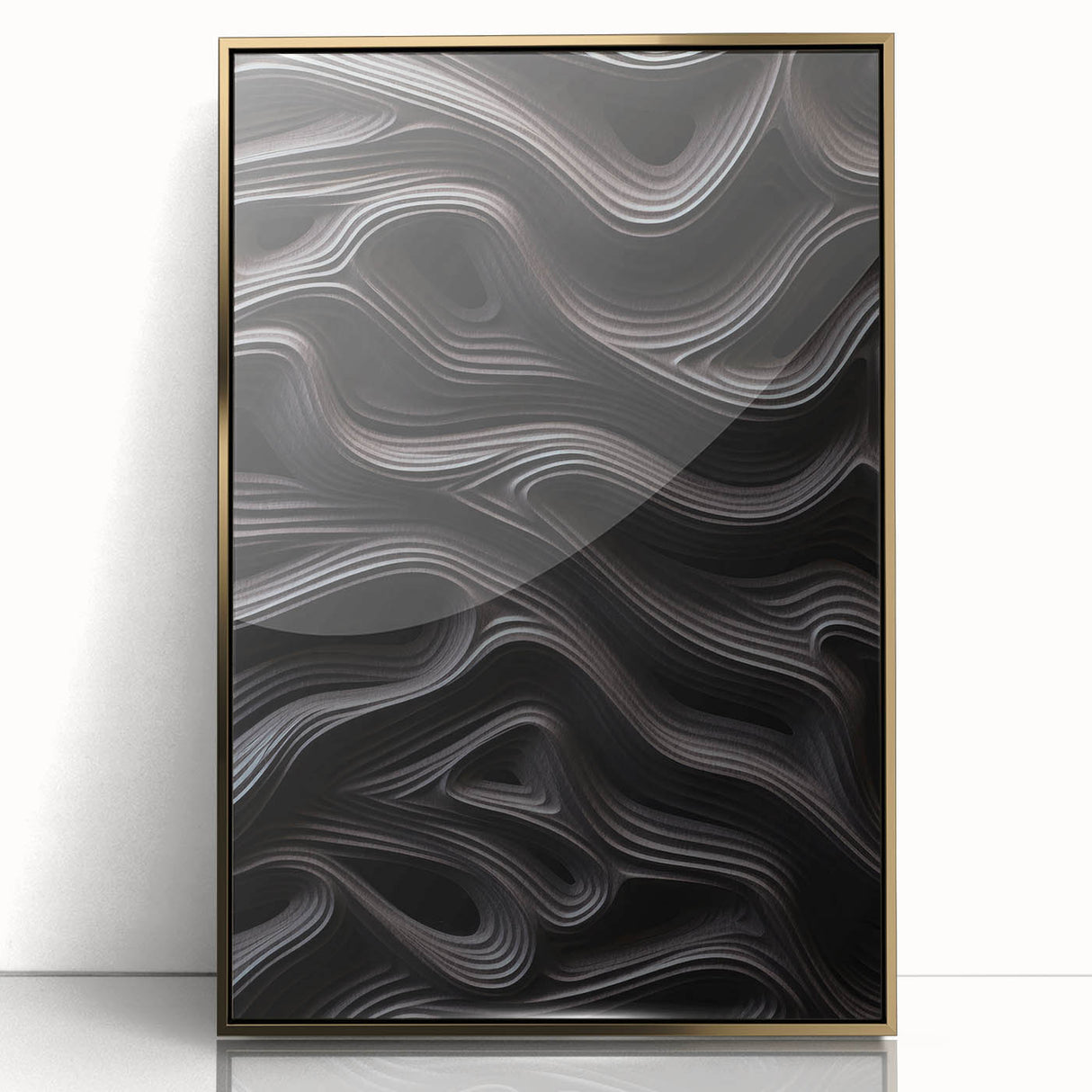 Framed abstract modern wall art print with a gold-acrylic front, showcasing geometric patterns and vibrant colors, ideal for contemporary home decor.