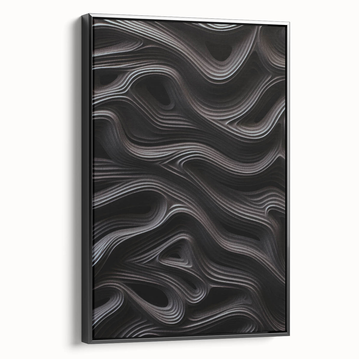 Framed black canvas art with an abstract modern design featuring vibrant colors and geometric shapes, perfect for contemporary home decor. The side view highlights its sleek finish and elegant framing, enhancing any living space.