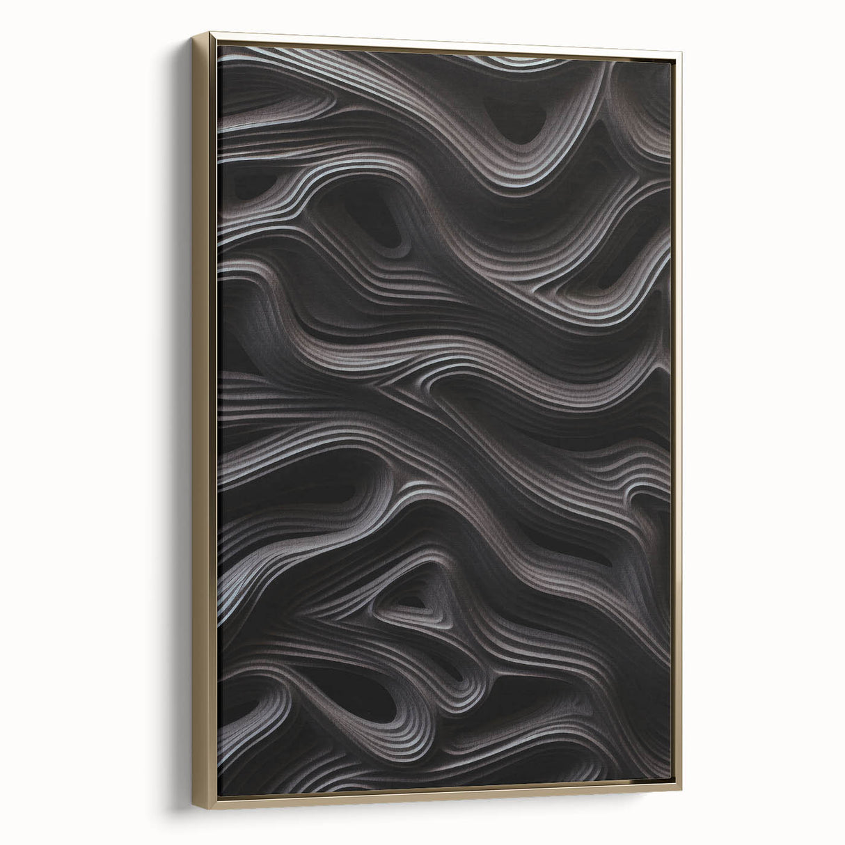Framed abstract modern wall art collection featuring a gold and black design, showcasing a sleek side view that highlights its contemporary elegance and texture. Perfect for enhancing any living space or office decor.