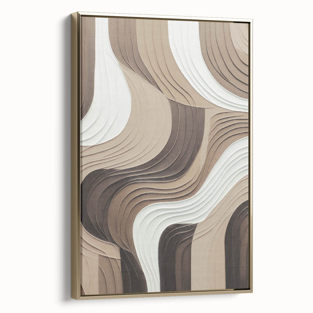 Framed abstract modern wall art featuring an elegant gold design on canvas, showcasing a sleek side view that highlights its contemporary aesthetic and sophisticated appeal. Perfect for enhancing any living space with a touch of luxury.