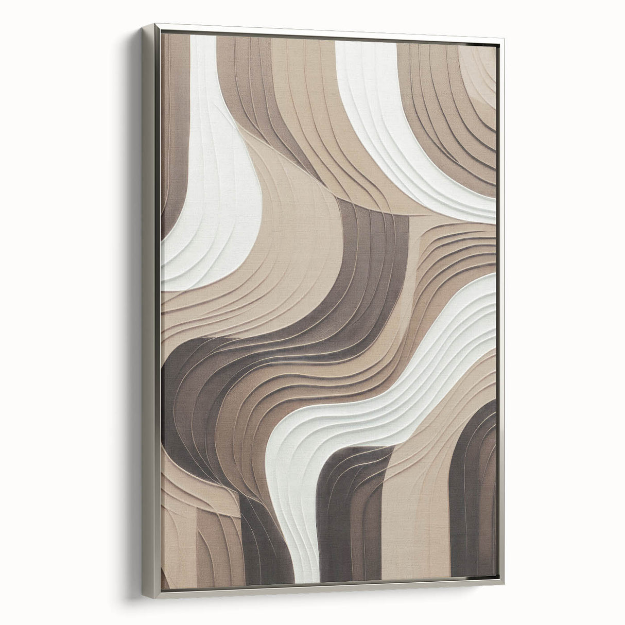 Framed canvas wall art featuring an abstract modern design with a silver frame, showcasing dynamic shapes and colors that enhance contemporary decor. Ideal for stylish interiors.