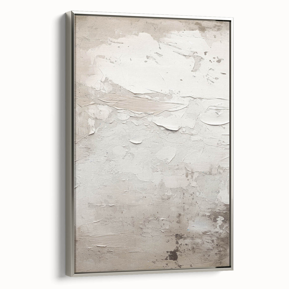 Abstract modern wall art collection featuring a framed canvas with a sleek silver border, showcasing vibrant colors and dynamic shapes, ideal for contemporary decor.