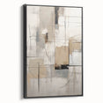 Framed canvas wall art displaying an abstract modern design with geometric shapes in black and white, viewed from the side, ideal for contemporary decor.