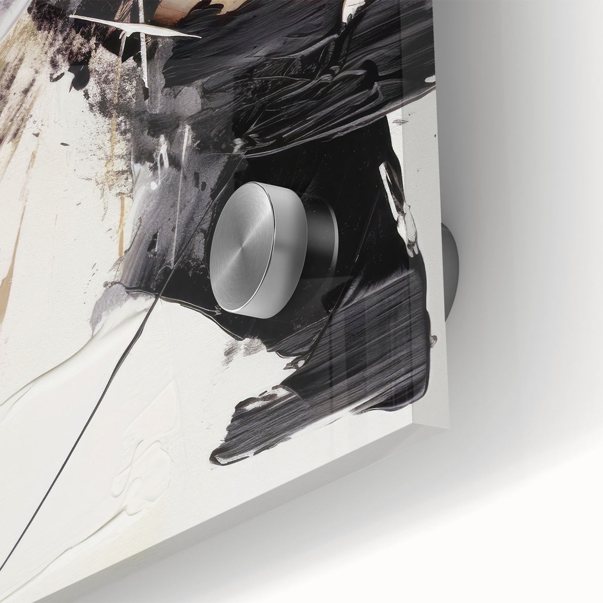 Close-up of an abstract modern wall art collection featuring vibrant colors and geometric shapes, printed on acrylic glass for a sleek finish.