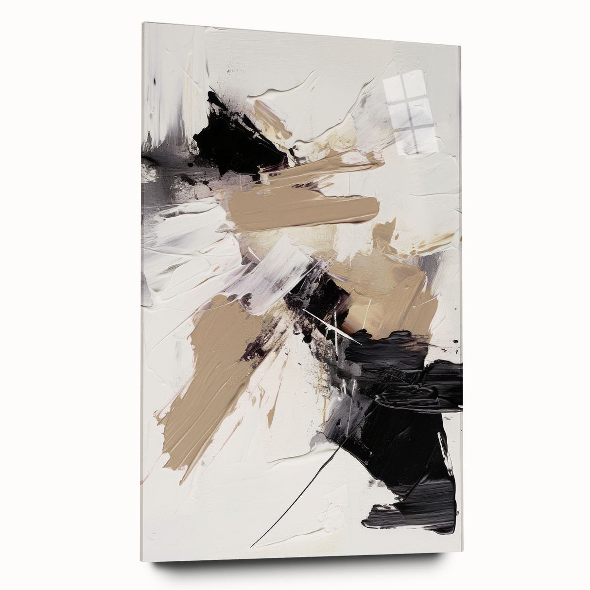 Abstract modern wall art collection displayed in acrylic glass, showcasing vibrant colors and geometric patterns from a side view, perfect for contemporary decor.