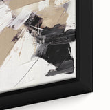 Close-up of a modern abstract wall art collection featuring vibrant colors and geometric shapes, framed in a sleek black frame for stylish decor.