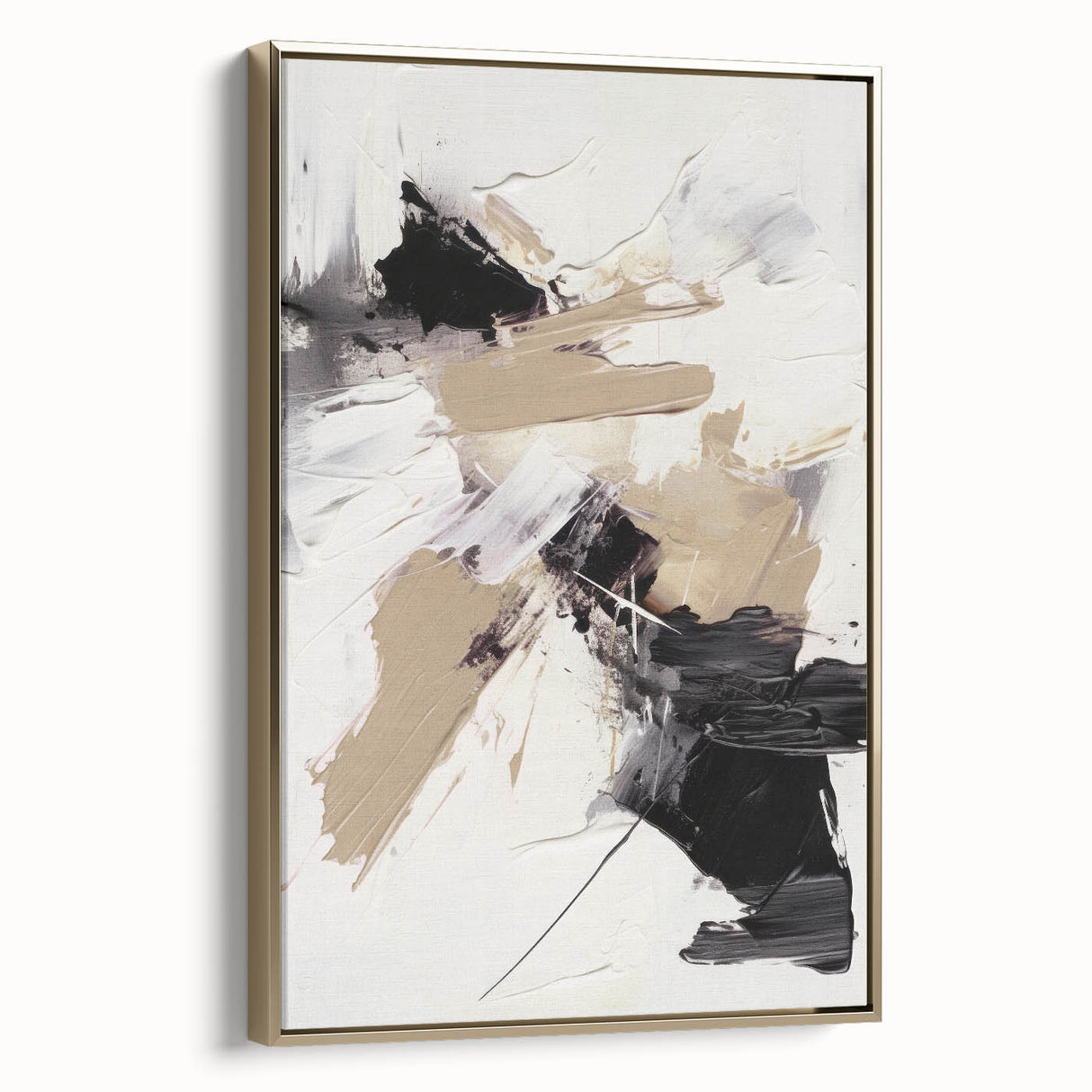 Framed abstract modern wall art collection showcasing five pieces with vibrant gold accents, elegantly displayed in a contemporary setting.