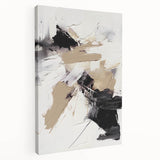 Abstract modern wall art collection on stretched canvas showcasing vibrant geometric shapes in blue, orange, and yellow, ideal for contemporary decor.