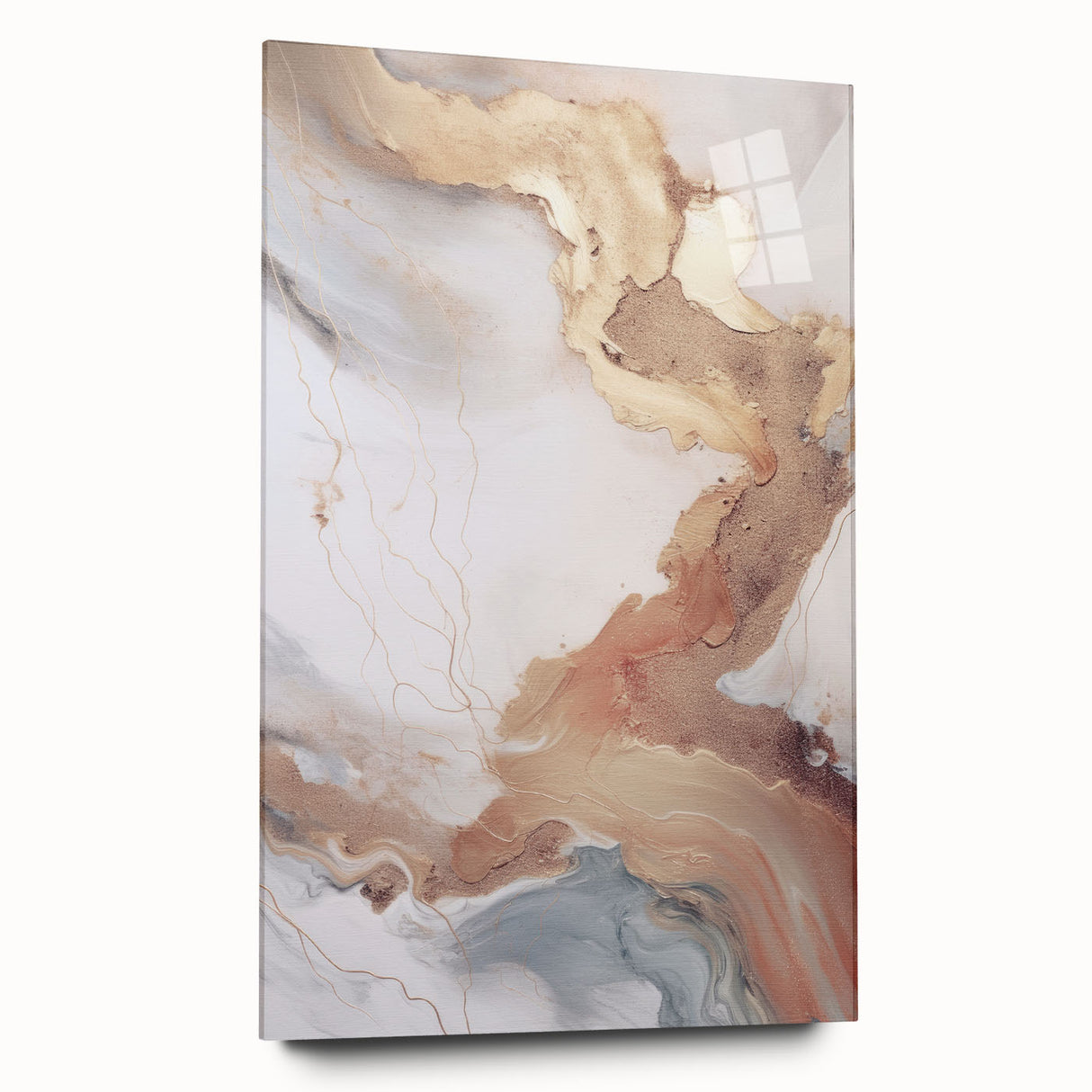 Acrylic glass wall art showcasing an abstract modern design in vibrant colors, elegantly displayed from a side view, perfect for contemporary home decor.