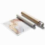 Abstract modern wall art print showcasing vibrant geometric shapes in shades of blue, orange, and yellow, rolled and ready for framing, perfect for contemporary home decor.