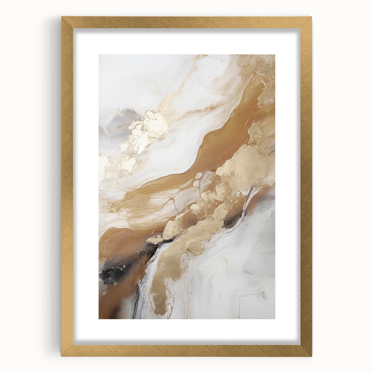 Abstract modern wall art collection featuring a gold-framed piece with a mat, showcasing vibrant colors and geometric patterns, perfect for contemporary decor.