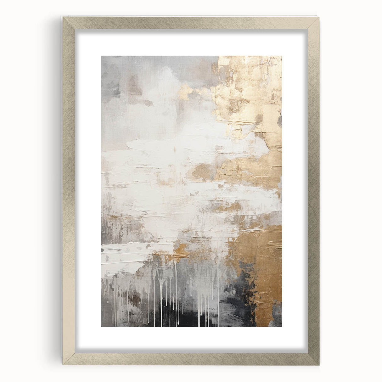Abstract modern wall art collection featuring a silver frame and mat, showcasing vibrant geometric designs, perfect for contemporary home decor.