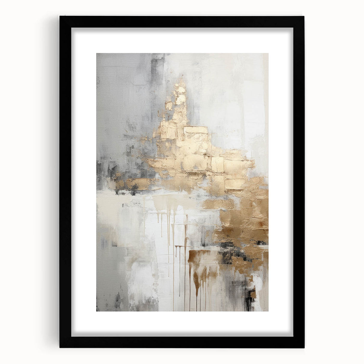 Abstract modern wall art collection featuring a sleek black frame and mat, showcasing geometric patterns and vibrant colors, ideal for contemporary home decor.