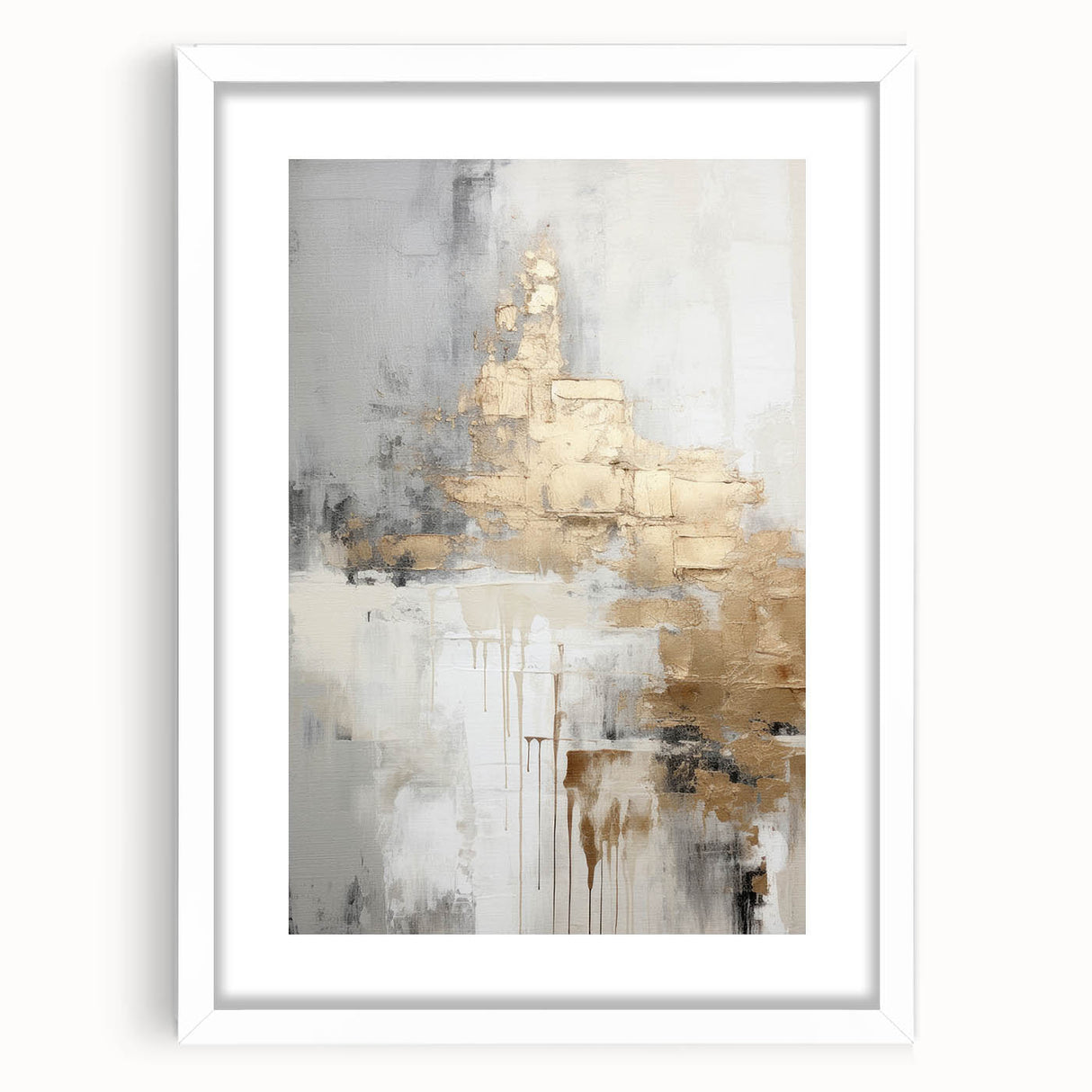 Abstract modern wall art collection featuring a white frame with a mat, showcasing vibrant geometric patterns in a contemporary style, ideal for home decor enhancement.