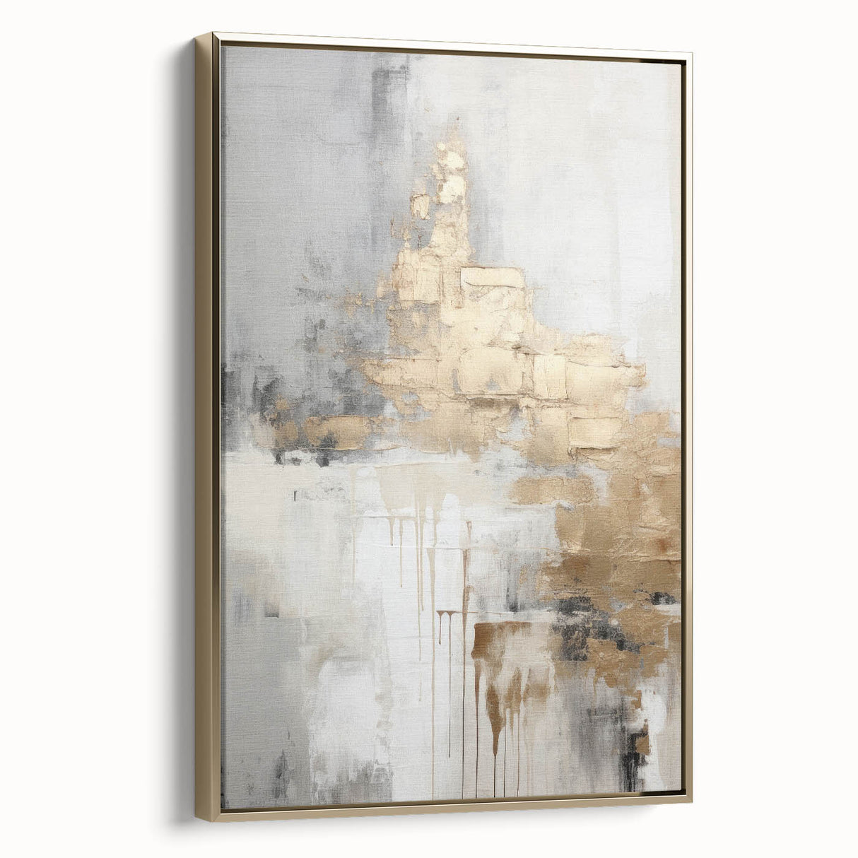Framed abstract modern wall art featuring a striking gold design, showcasing geometric shapes and dynamic lines, perfect for contemporary home decor.