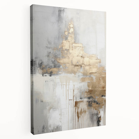 Abstract modern wall art collection featuring a stretched canvas with vibrant colors and geometric shapes, displayed in a side view to showcase its depth and texture.