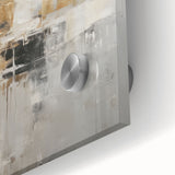 Close-up of an abstract modern wall art piece featuring vibrant colors and geometric shapes, printed on acrylic glass, ideal for contemporary home decor.