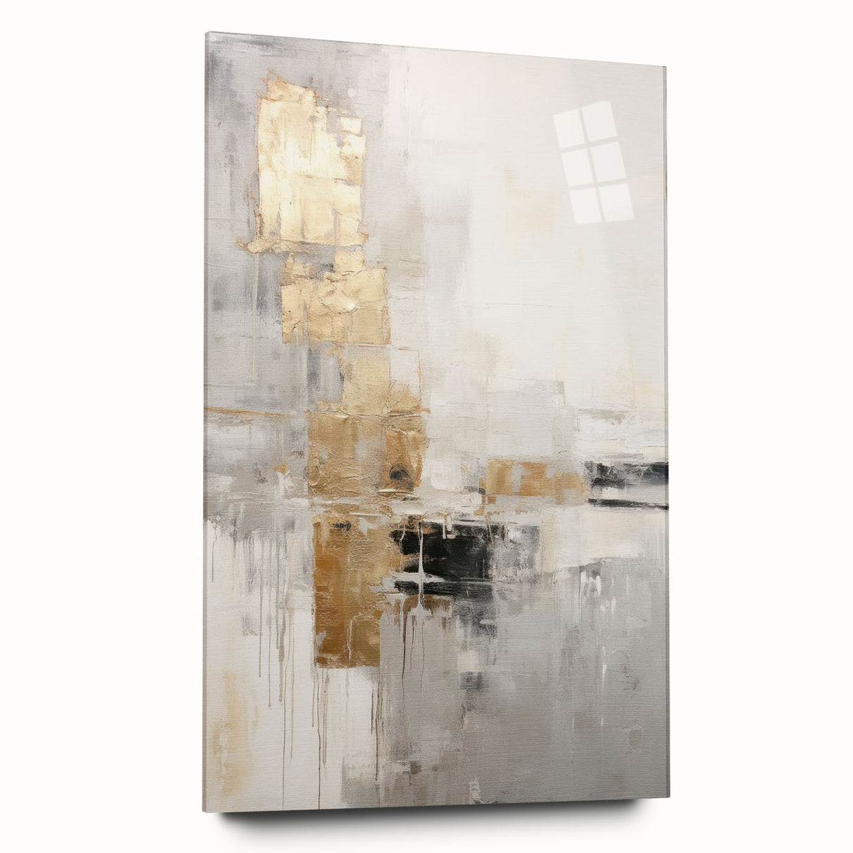Abstract modern wall art collection displayed in a side view, showcasing vibrant colors and unique designs on acrylic glass, perfect for contemporary home decor.