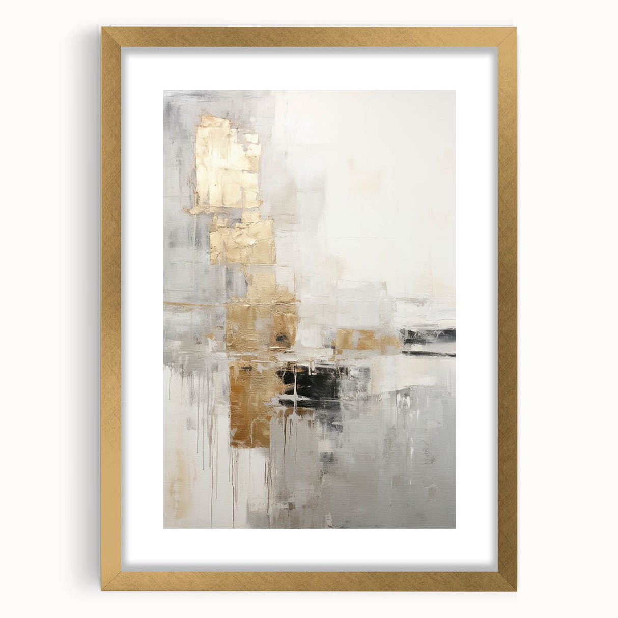 Abstract modern wall art collection featuring a sleek gold-framed piece with a mat, showcasing vibrant colors and geometric shapes, perfect for contemporary home decor.