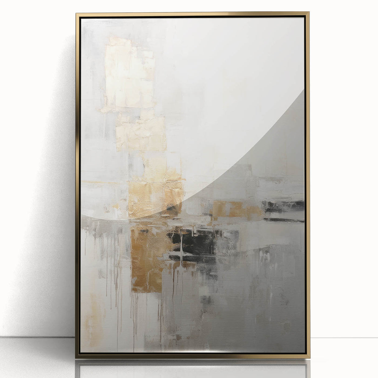 Framed abstract modern wall art featuring gold accents and a sleek design, ideal for contemporary home decor, displayed prominently in a stylish setting.
