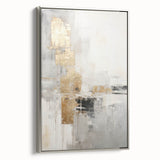 Framed abstract modern wall art collection in silver, showcasing dynamic shapes and colors on canvas. Perfect for contemporary home decor, side view emphasizes sleek design.