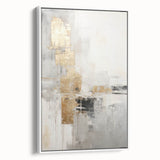 Framed wall art featuring an abstract modern design with vibrant colors and geometric shapes, displayed in a stylish white frame from a side view perspective.