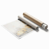 Abstract modern wall art print showcasing vibrant colors and geometric shapes, rolled and packaged in a protective cardboard tube for safe storage and display.