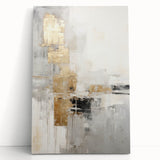 Abstract modern wall art collection featuring colorful geometric shapes on stretched canvas, displayed leaning against a wall, perfect for contemporary home decor.